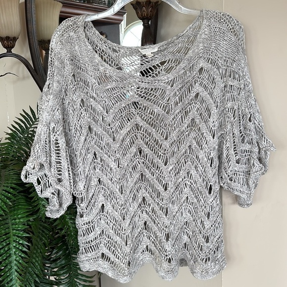 Eileen Fisher Sweater Gray Wonder Scallop Crochet Open-Weave Marled Italian Yarn - Picture 2 of 16
